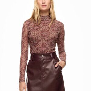 Ronny Kobo x RTR Mock Neck Mesh Top Maroon Red Brown Print Long Sleeve Mockneck